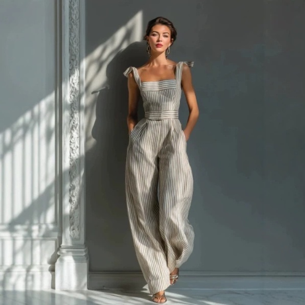 Zimmermann Striped Linen-Blend Jumpsuit with Tie Straps - Beige
